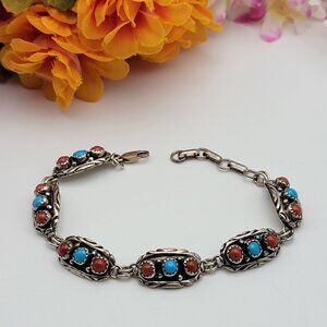 Vtg. Signed EDE 925 Sterling Silver Coral & Turquoise Link Chain Bracelet 7.5"